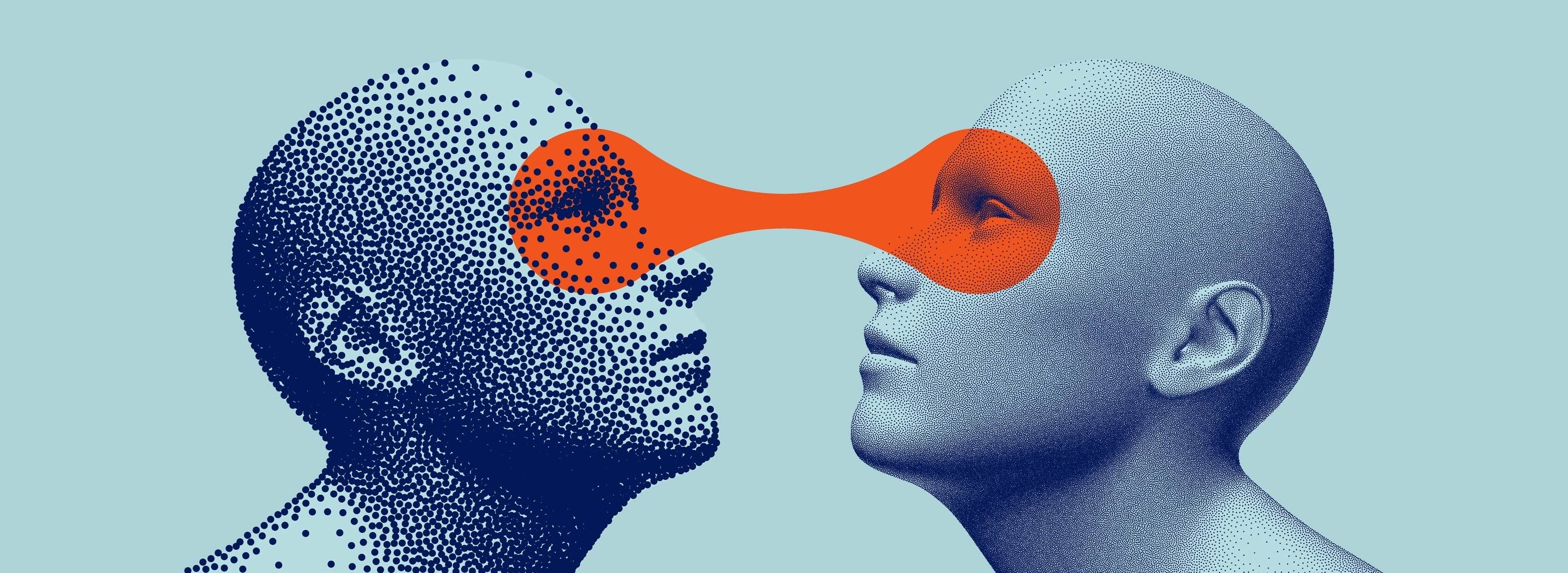 On a blue background, two blue androgynous humanlike figures face each other, their mutual gaze highlighted in orange.